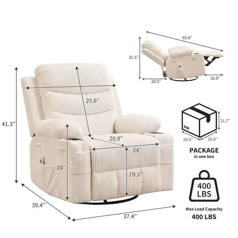 Fauteuil inclinable en cuir pour chambre à coucher, fauteuil inclinable manuel surdimensionné, fauteuil à bascule pivotant à 360° avec porte-gobelet