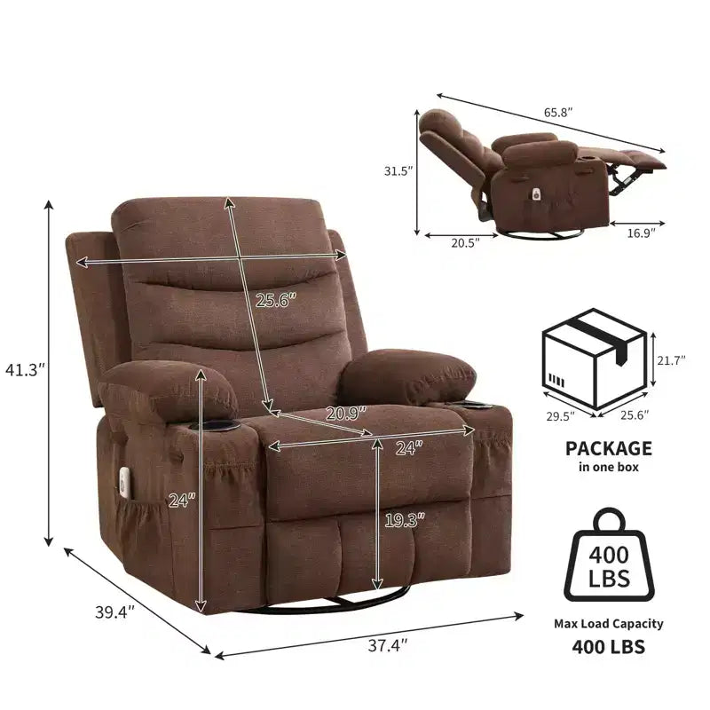 Fauteuil inclinable en cuir pour chambre à coucher, fauteuil inclinable manuel surdimensionné, fauteuil à bascule pivotant à 360° avec porte-gobelet