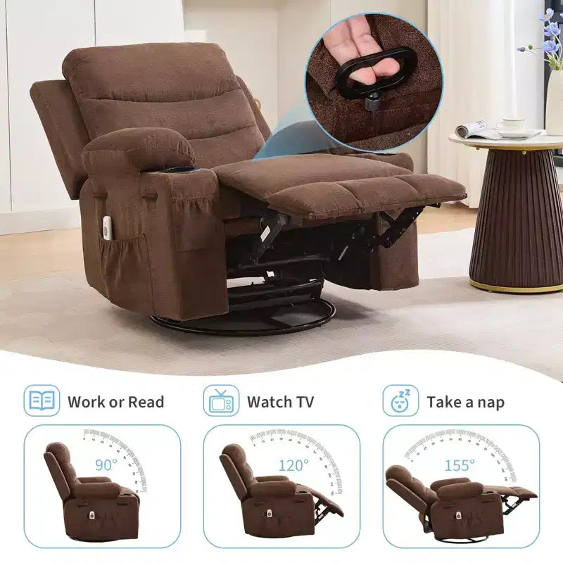 Fauteuil inclinable en cuir pour chambre à coucher, fauteuil inclinable manuel surdimensionné, fauteuil à bascule pivotant à 360° avec porte-gobelet