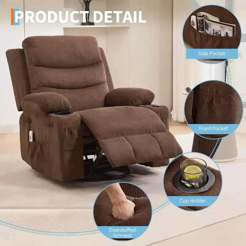 Fauteuil inclinable en cuir pour chambre à coucher, fauteuil inclinable manuel surdimensionné, fauteuil à bascule pivotant à 360° avec porte-gobelet