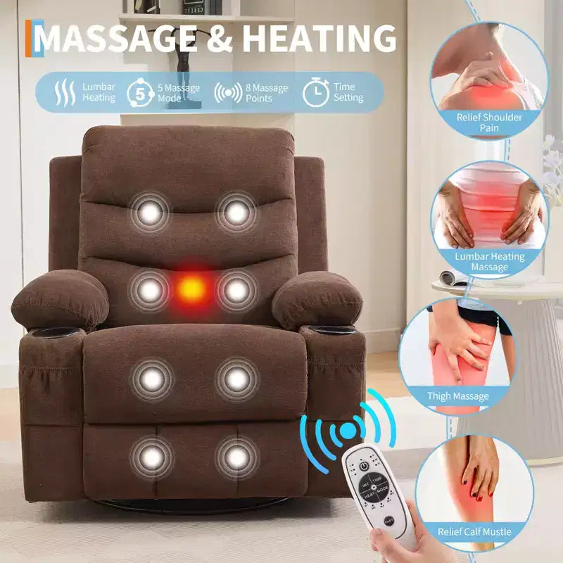 Fauteuil inclinable en cuir pour chambre à coucher, fauteuil inclinable manuel surdimensionné, fauteuil à bascule pivotant à 360° avec porte-gobelet