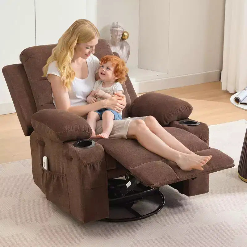 Fauteuil inclinable en cuir pour chambre à coucher, fauteuil inclinable manuel surdimensionné, fauteuil à bascule pivotant à 360° avec porte-gobelet