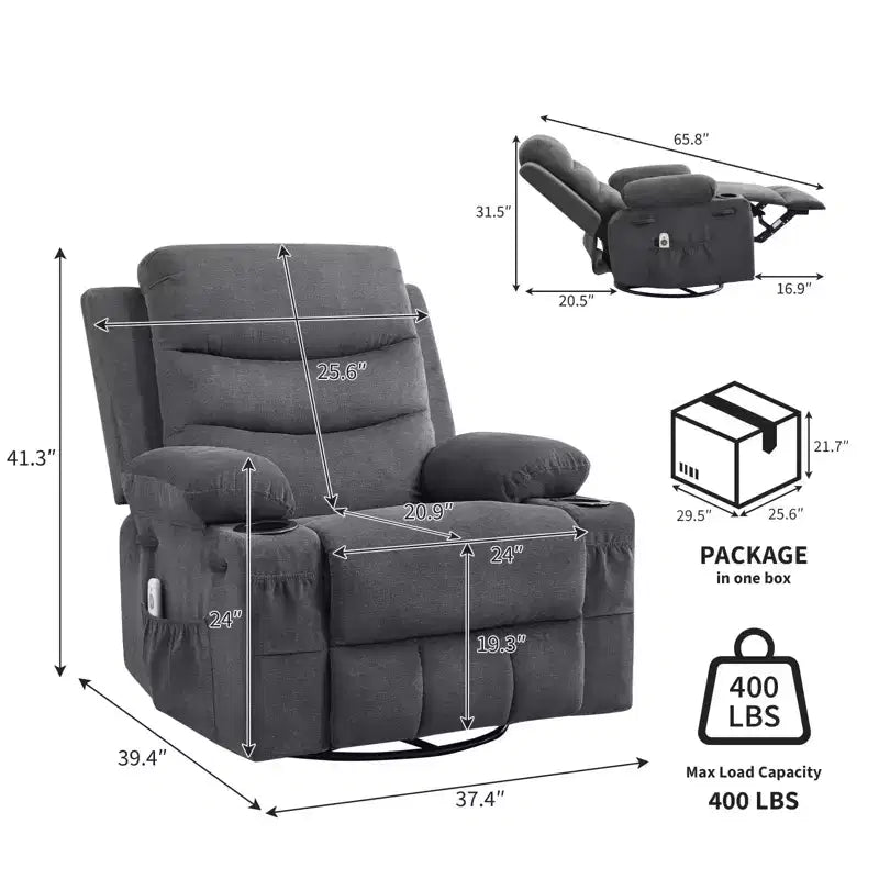 Fauteuil inclinable en cuir pour chambre à coucher, fauteuil inclinable manuel surdimensionné, fauteuil à bascule pivotant à 360° avec porte-gobelet