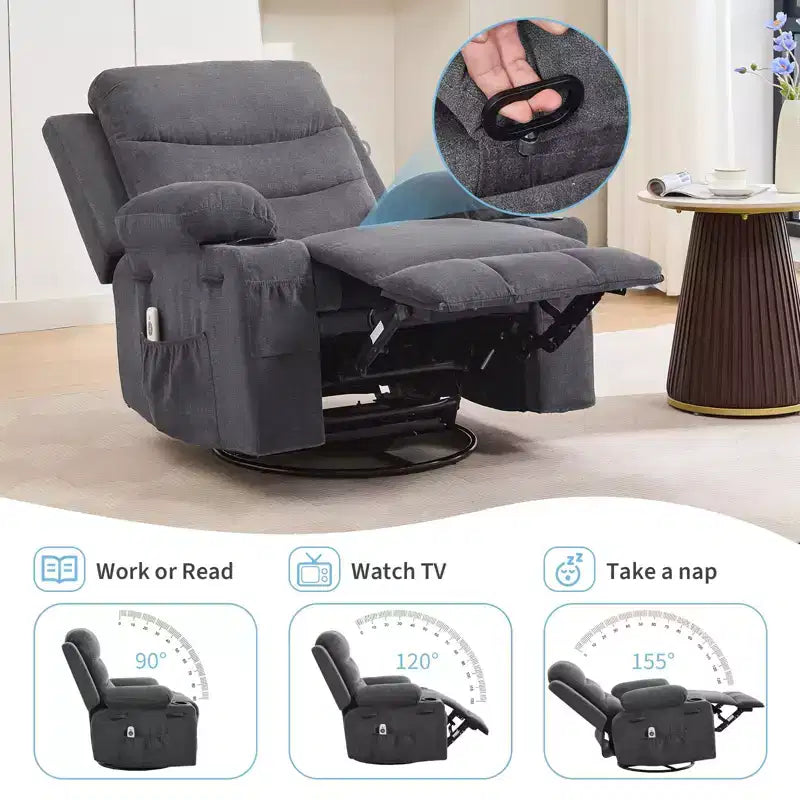 Fauteuil inclinable en cuir pour chambre à coucher, fauteuil inclinable manuel surdimensionné, fauteuil à bascule pivotant à 360° avec porte-gobelet
