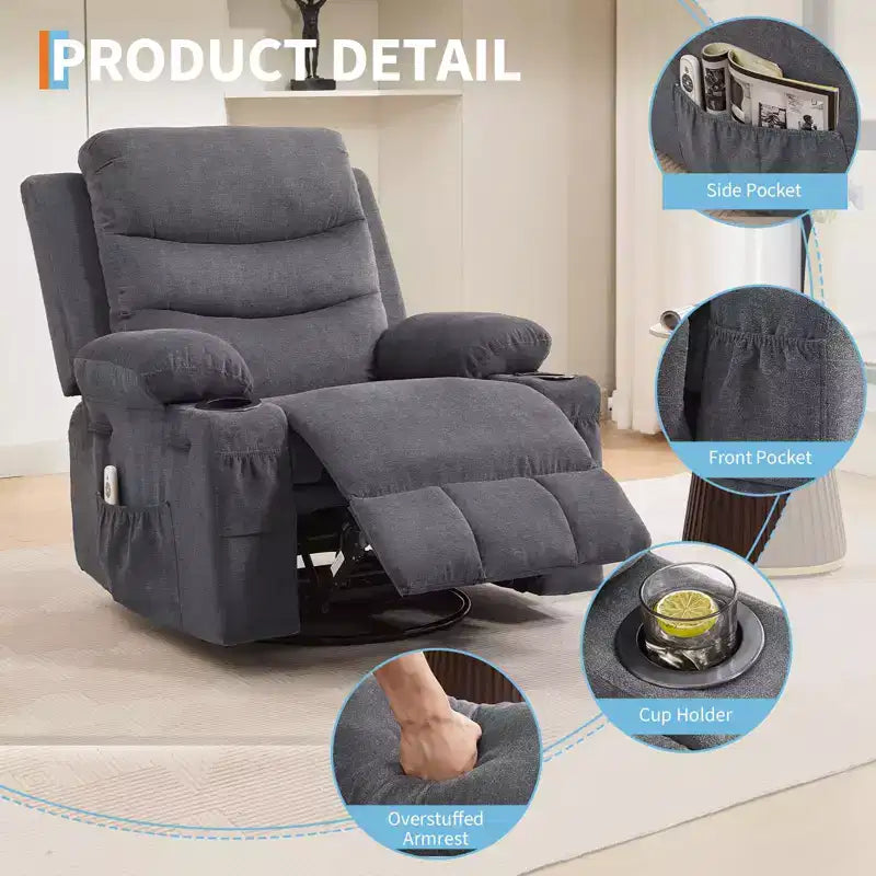 Fauteuil inclinable en cuir pour chambre à coucher, fauteuil inclinable manuel surdimensionné, fauteuil à bascule pivotant à 360° avec porte-gobelet