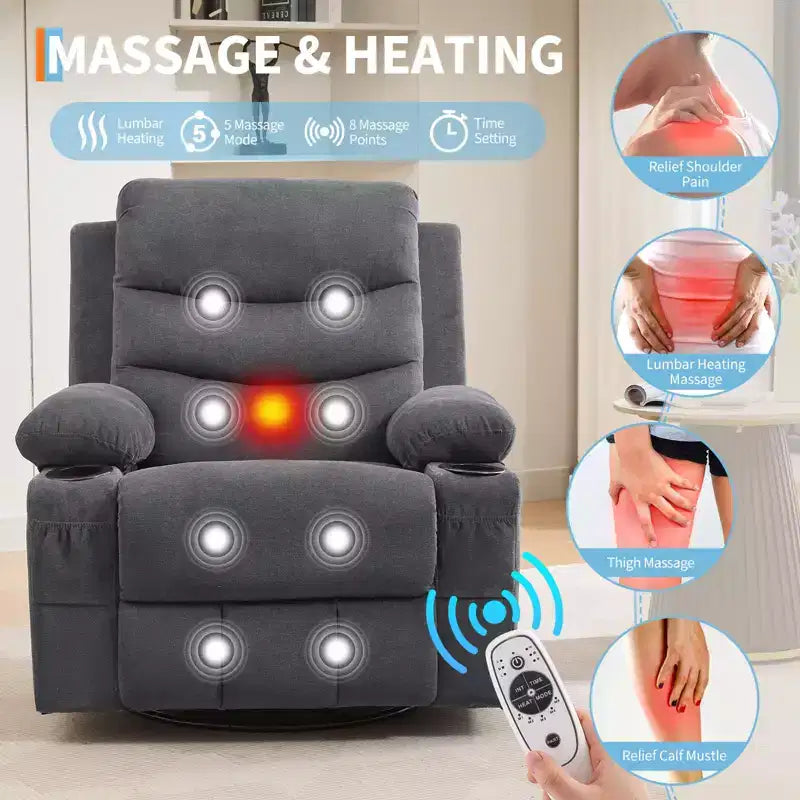 Fauteuil inclinable en cuir pour chambre à coucher, fauteuil inclinable manuel surdimensionné, fauteuil à bascule pivotant à 360° avec porte-gobelet