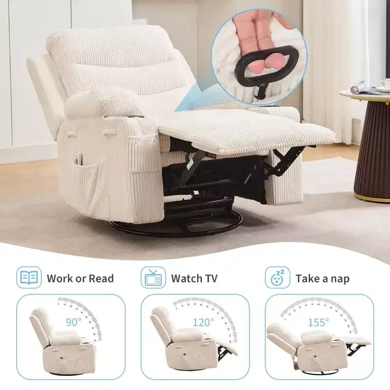 Fauteuil inclinable en cuir pour chambre à coucher, fauteuil inclinable manuel surdimensionné, fauteuil à bascule pivotant à 360° avec porte-gobelet