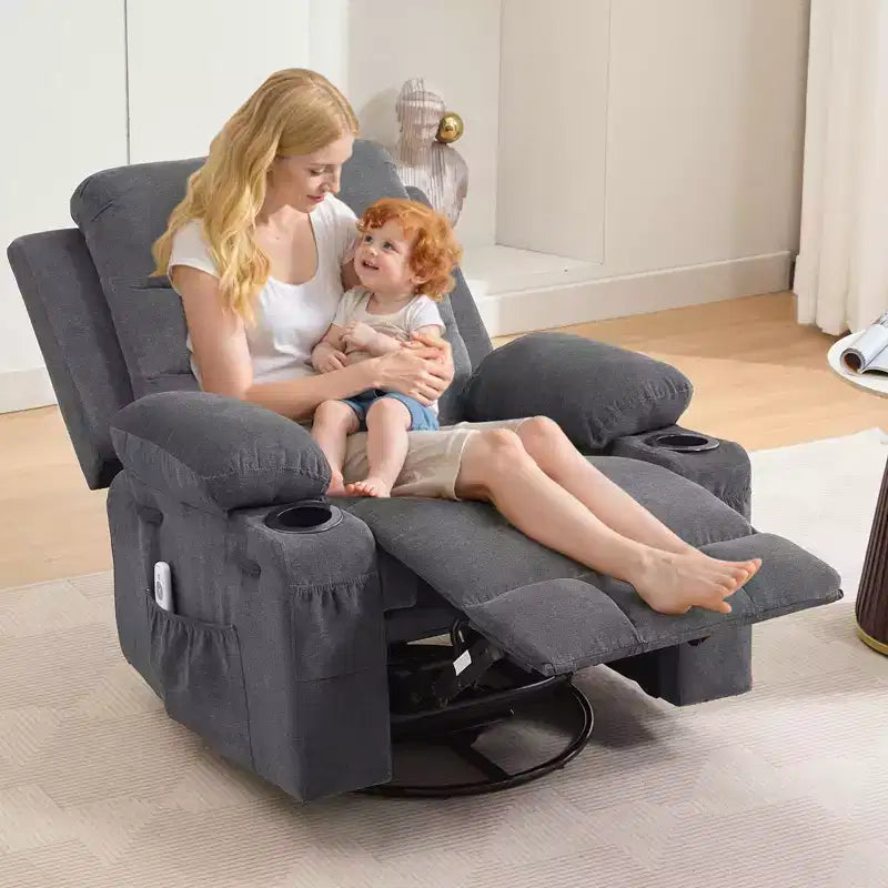 Fauteuil inclinable en cuir pour chambre à coucher, fauteuil inclinable manuel surdimensionné, fauteuil à bascule pivotant à 360° avec porte-gobelet