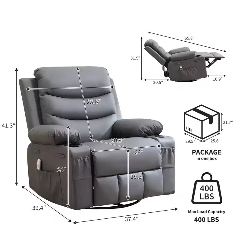 Fauteuil inclinable en cuir pour chambre à coucher, fauteuil inclinable manuel surdimensionné, fauteuil à bascule pivotant à 360° avec porte-gobelet