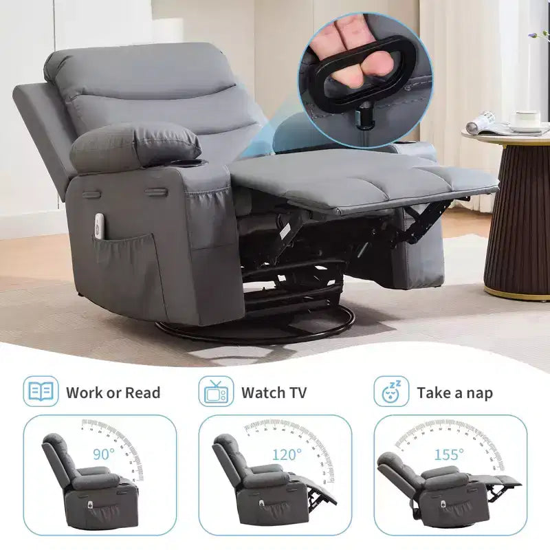 Fauteuil inclinable en cuir pour chambre à coucher, fauteuil inclinable manuel surdimensionné, fauteuil à bascule pivotant à 360° avec porte-gobelet