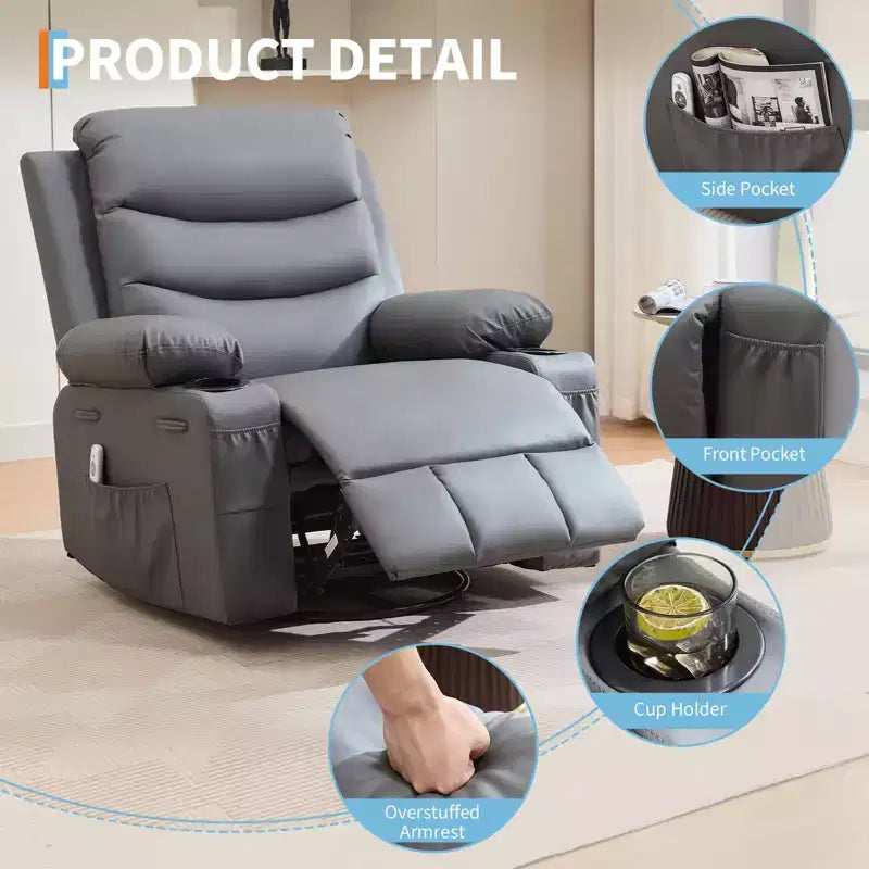 Fauteuil inclinable en cuir pour chambre à coucher, fauteuil inclinable manuel surdimensionné, fauteuil à bascule pivotant à 360° avec porte-gobelet