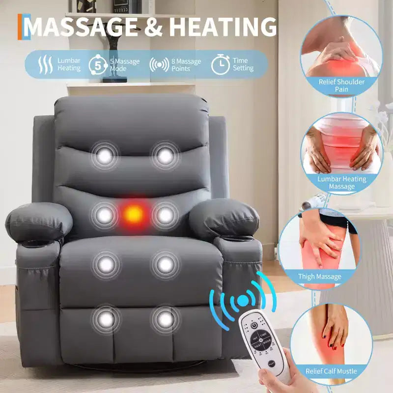 Fauteuil inclinable en cuir pour chambre à coucher, fauteuil inclinable manuel surdimensionné, fauteuil à bascule pivotant à 360° avec porte-gobelet