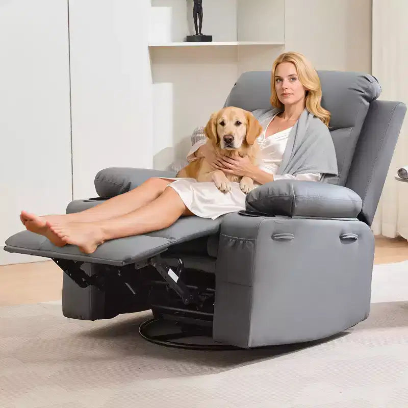 Fauteuil inclinable en cuir pour chambre à coucher, fauteuil inclinable manuel surdimensionné, fauteuil à bascule pivotant à 360° avec porte-gobelet