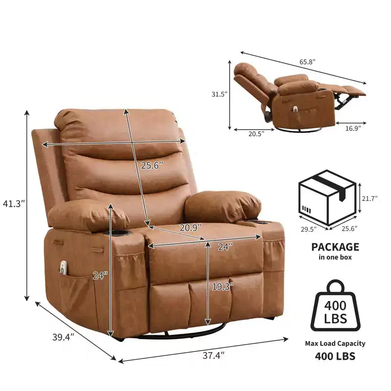 Fauteuil inclinable en cuir pour chambre à coucher, fauteuil inclinable manuel surdimensionné, fauteuil à bascule pivotant à 360° avec porte-gobelet