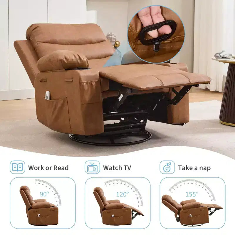 Fauteuil inclinable en cuir pour chambre à coucher, fauteuil inclinable manuel surdimensionné, fauteuil à bascule pivotant à 360° avec porte-gobelet
