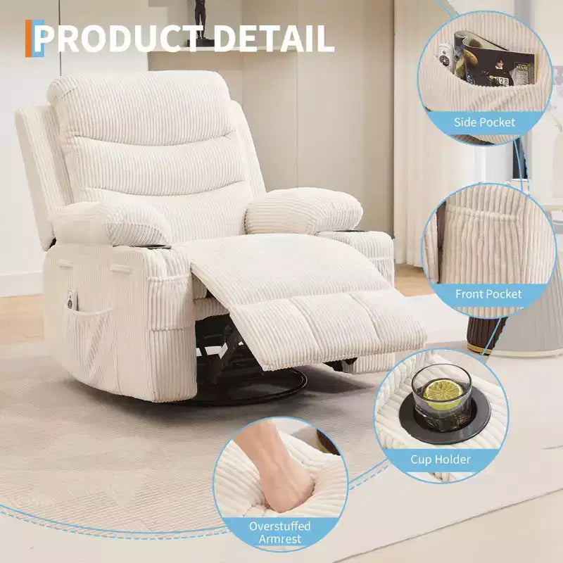 Fauteuil inclinable en cuir pour chambre à coucher, fauteuil inclinable manuel surdimensionné, fauteuil à bascule pivotant à 360° avec porte-gobelet