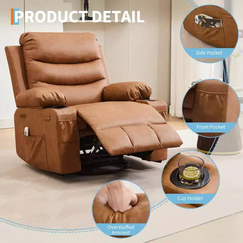 Fauteuil inclinable en cuir pour chambre à coucher, fauteuil inclinable manuel surdimensionné, fauteuil à bascule pivotant à 360° avec porte-gobelet