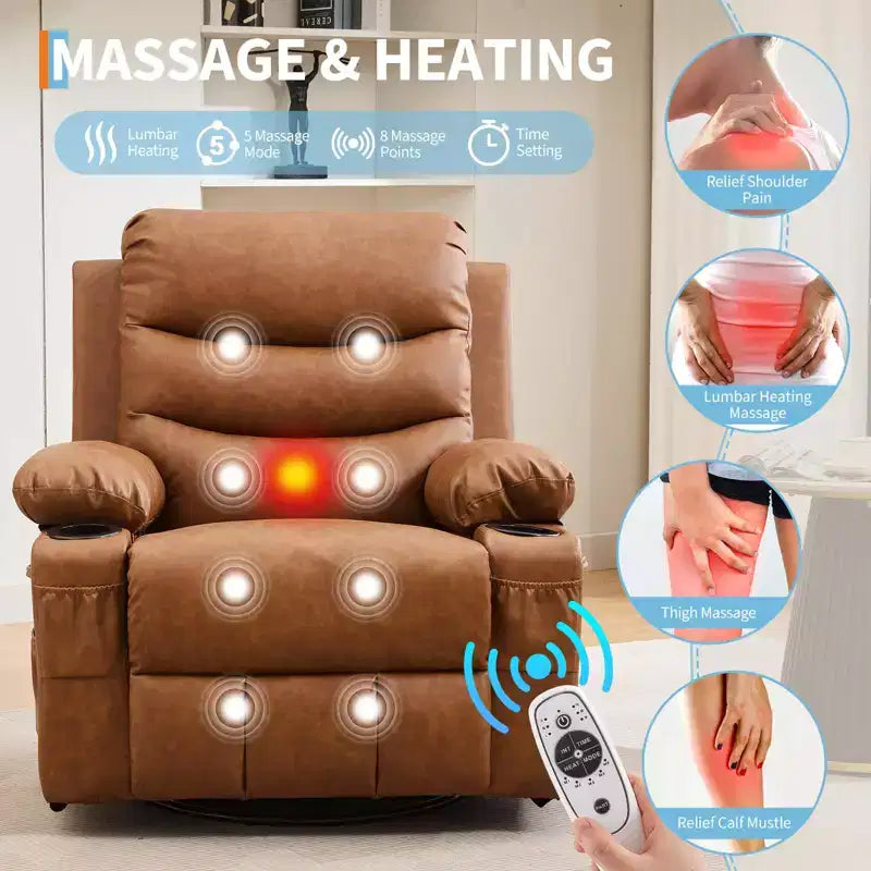 Fauteuil inclinable en cuir pour chambre à coucher, fauteuil inclinable manuel surdimensionné, fauteuil à bascule pivotant à 360° avec porte-gobelet