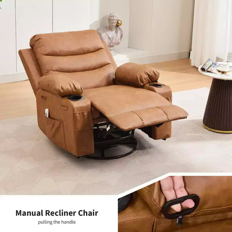 Fauteuil inclinable en cuir pour chambre à coucher, fauteuil inclinable manuel surdimensionné, fauteuil à bascule pivotant à 360° avec porte-gobelet