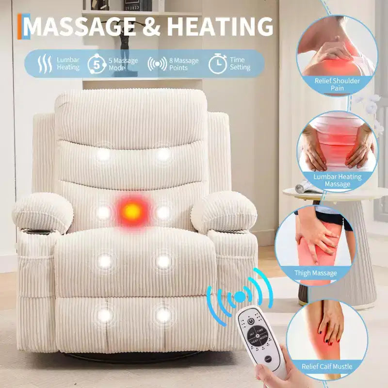 Fauteuil inclinable en cuir pour chambre à coucher, fauteuil inclinable manuel surdimensionné, fauteuil à bascule pivotant à 360° avec porte-gobelet