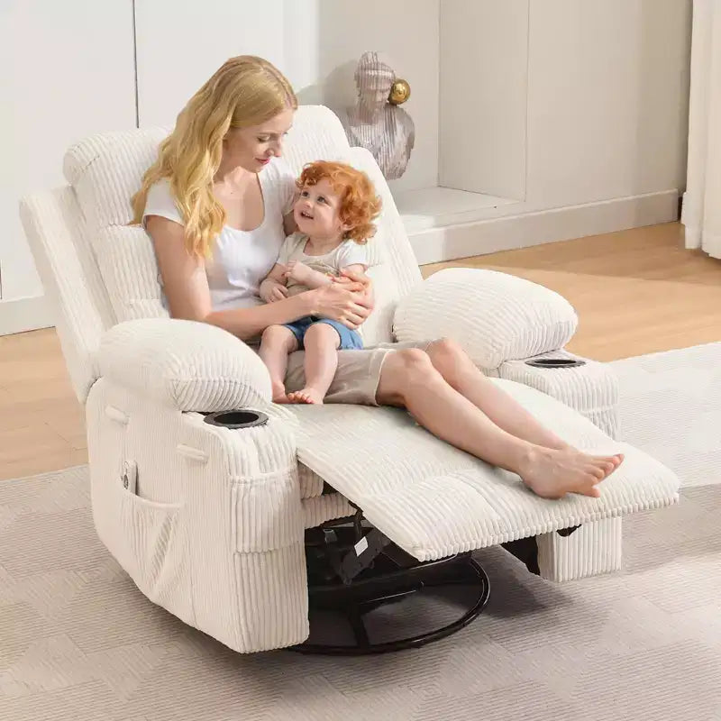 Fauteuil inclinable en cuir pour chambre à coucher, fauteuil inclinable manuel surdimensionné, fauteuil à bascule pivotant à 360° avec porte-gobelet