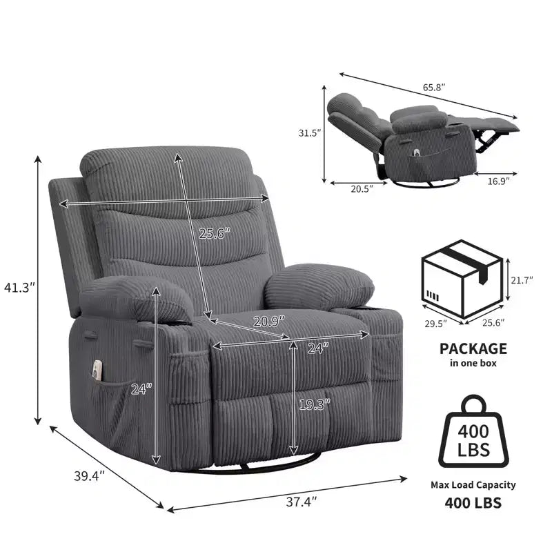Fauteuil inclinable en cuir pour chambre à coucher, fauteuil inclinable manuel surdimensionné, fauteuil à bascule pivotant à 360° avec porte-gobelet