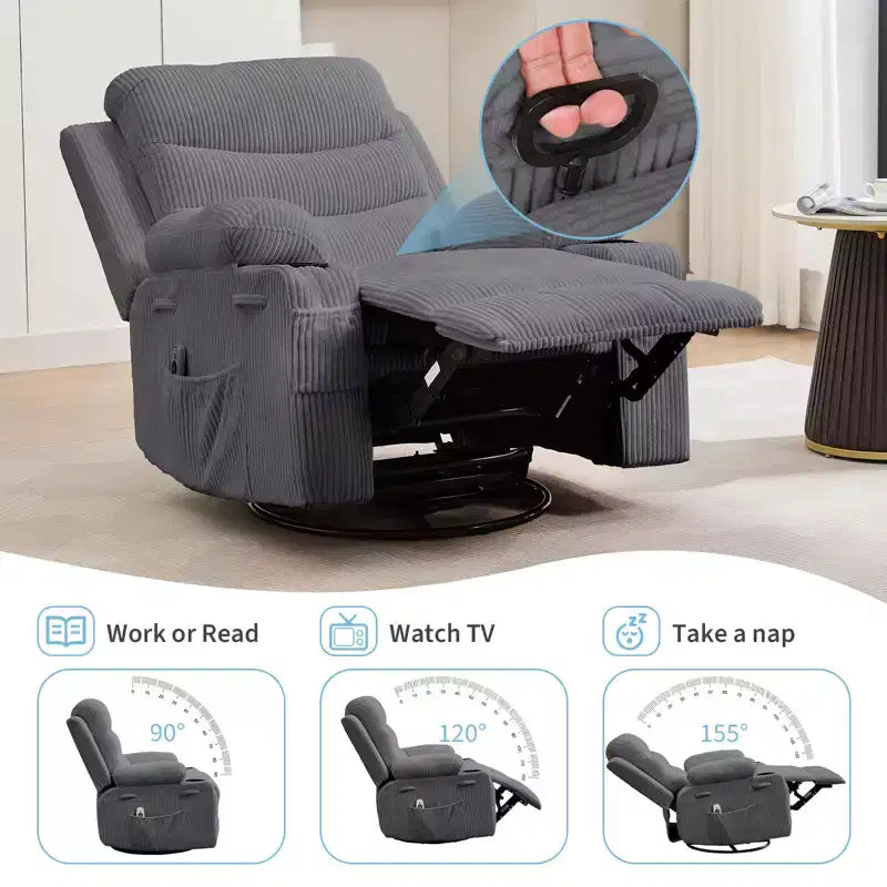 Fauteuil inclinable en cuir pour chambre à coucher, fauteuil inclinable manuel surdimensionné, fauteuil à bascule pivotant à 360° avec porte-gobelet