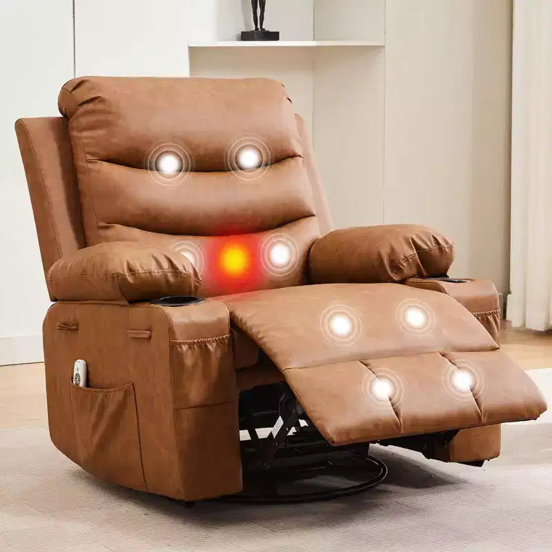 Fauteuil inclinable en cuir pour chambre à coucher, fauteuil inclinable manuel surdimensionné, fauteuil à bascule pivotant à 360° avec porte-gobelet