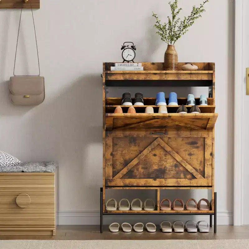 GustoWave Shoe Cabinet with 2 Flip Drawers, Large Capacity Entryway Shoe Storage, Narrow Shoe Cabinet with Metal Legs
