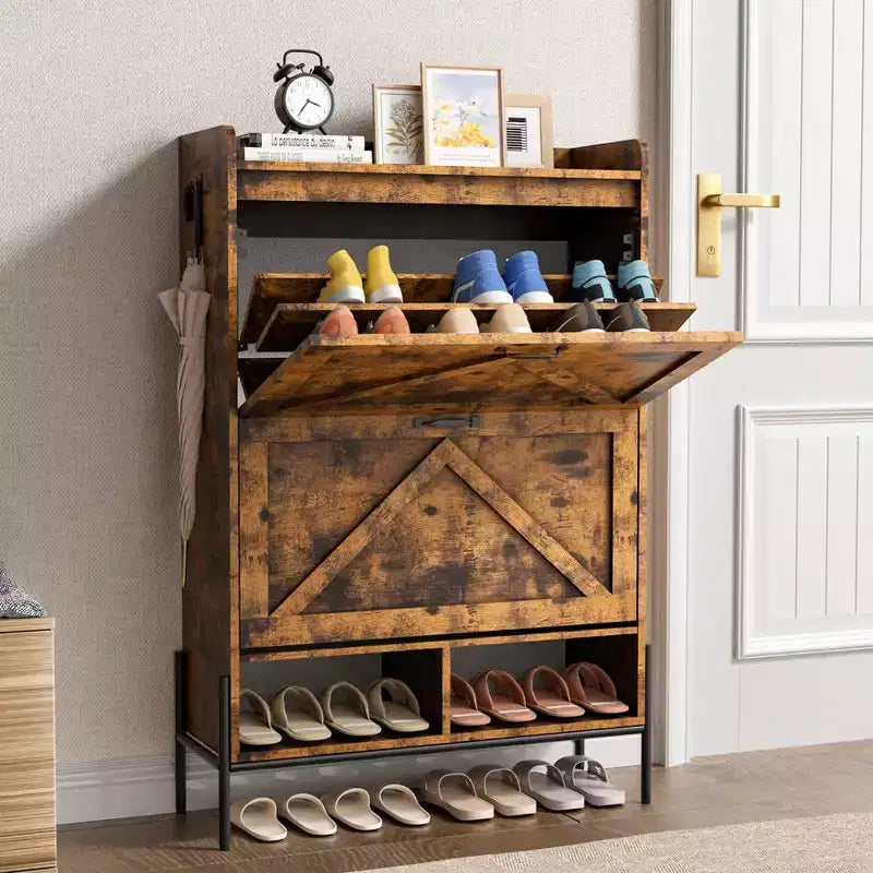 Meuble à chaussures avec 2 tiroirs basculants, rangement à chaussures grande capacité pour entrée, meuble à chaussures étroit avec pieds en métal