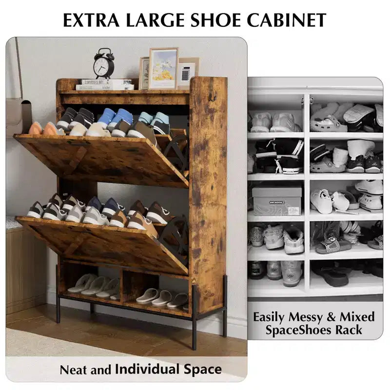 Meuble à chaussures avec 2 tiroirs basculants, rangement à chaussures grande capacité pour entrée, meuble à chaussures étroit avec pieds en métal