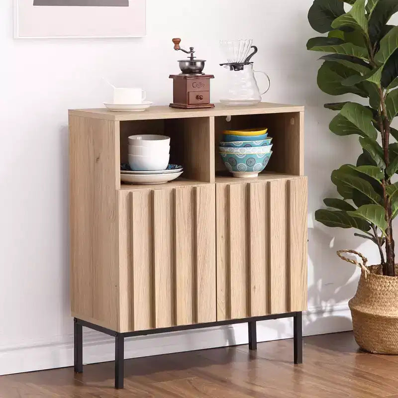 2Pcs Oak Color Wave Stripe Edge Cabinet Double Door - Oak Color, Black, Stylish Design, Durable, Spacious Storage