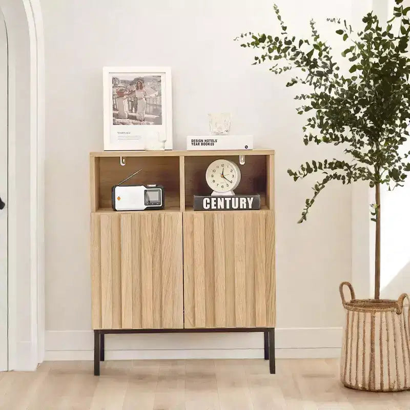 2 armoires doubles avec porte à bord ondulé, couleur chêne - Couleur chêne, noir, design élégant, durables, rangement spacieux