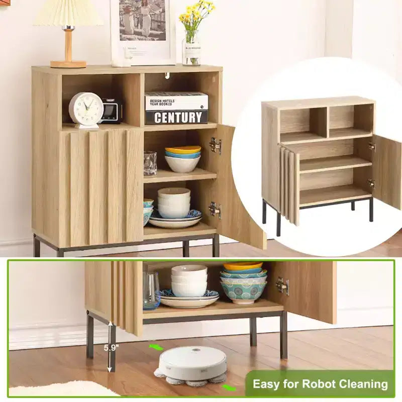 2 armoires doubles avec porte à bord ondulé, couleur chêne - Couleur chêne, noir, design élégant, durables, rangement spacieux