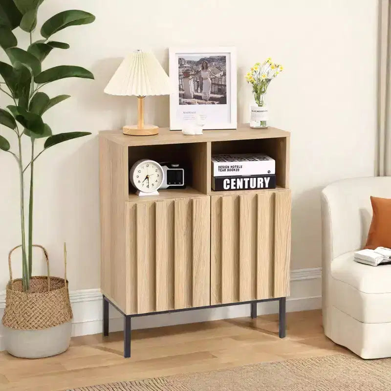 2 armoires doubles avec porte à bord ondulé, couleur chêne - Couleur chêne, noir, design élégant, durables, rangement spacieux