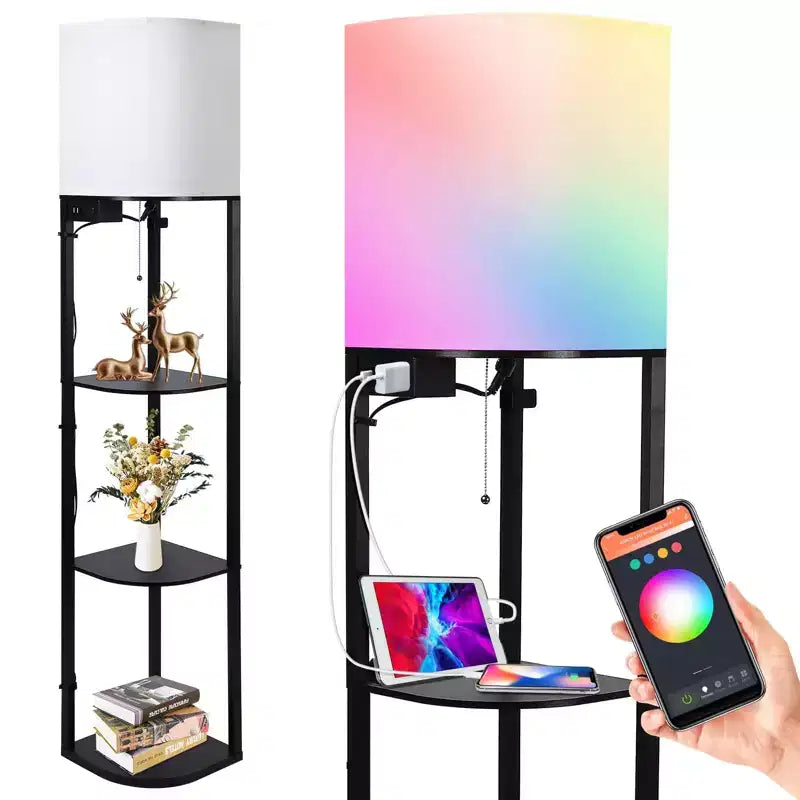 Lampadaire avec étagères, lampadaire étagère RVB intelligent avec 2 ports USB et 1 prise de courant, affichage pour chambre à coucher, salon et bureau - Noir classique