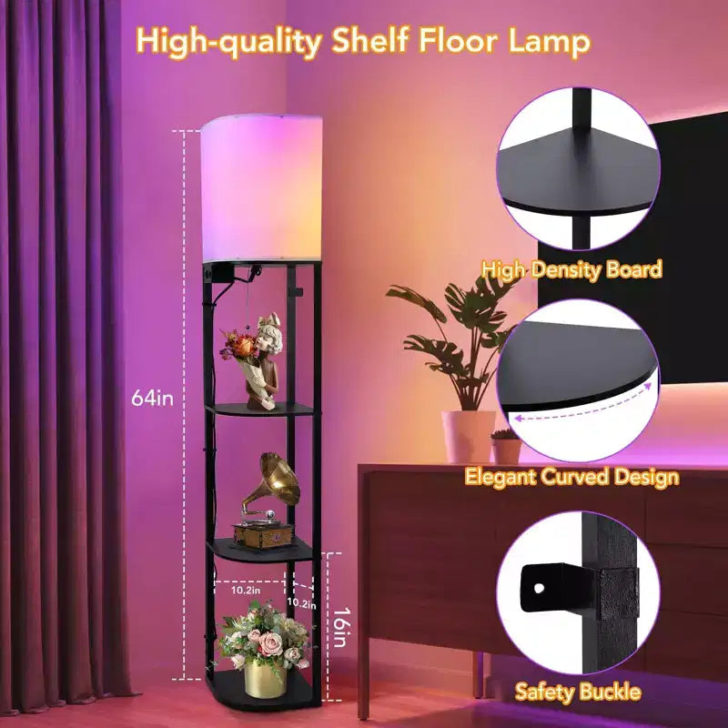 Lampadaire avec étagères, lampadaire étagère RVB intelligent avec 2 ports USB et 1 prise de courant, affichage pour chambre à coucher, salon et bureau - Noir classique