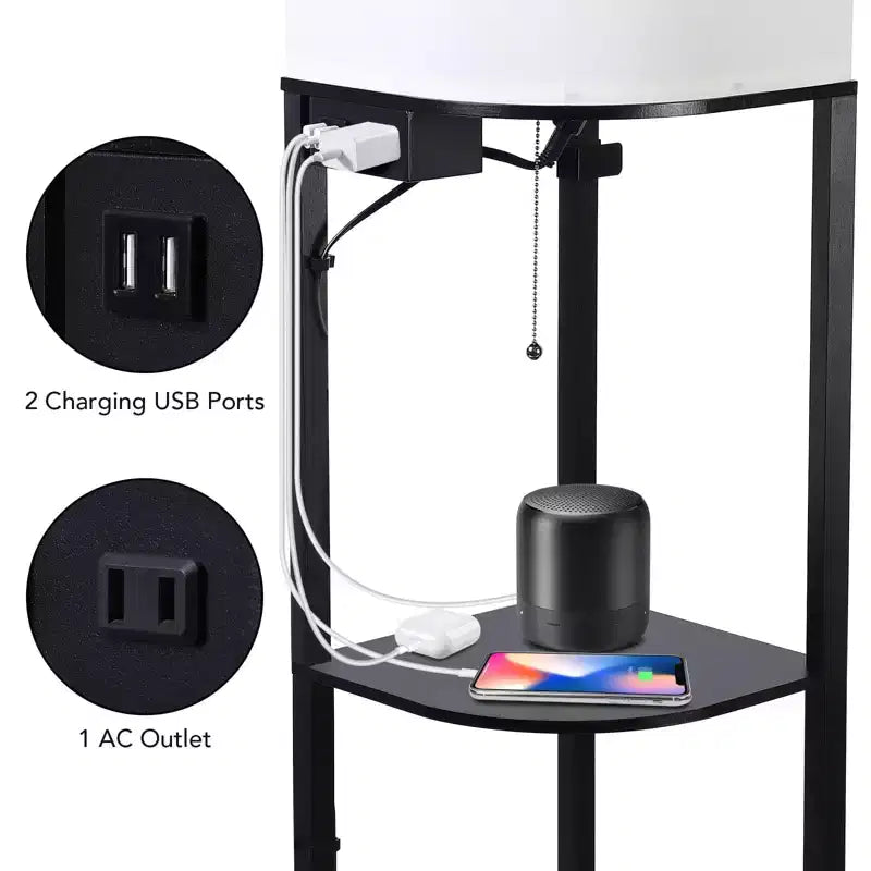 Lampadaire avec étagères, lampadaire étagère RVB intelligent avec 2 ports USB et 1 prise de courant, affichage pour chambre à coucher, salon et bureau - Noir classique