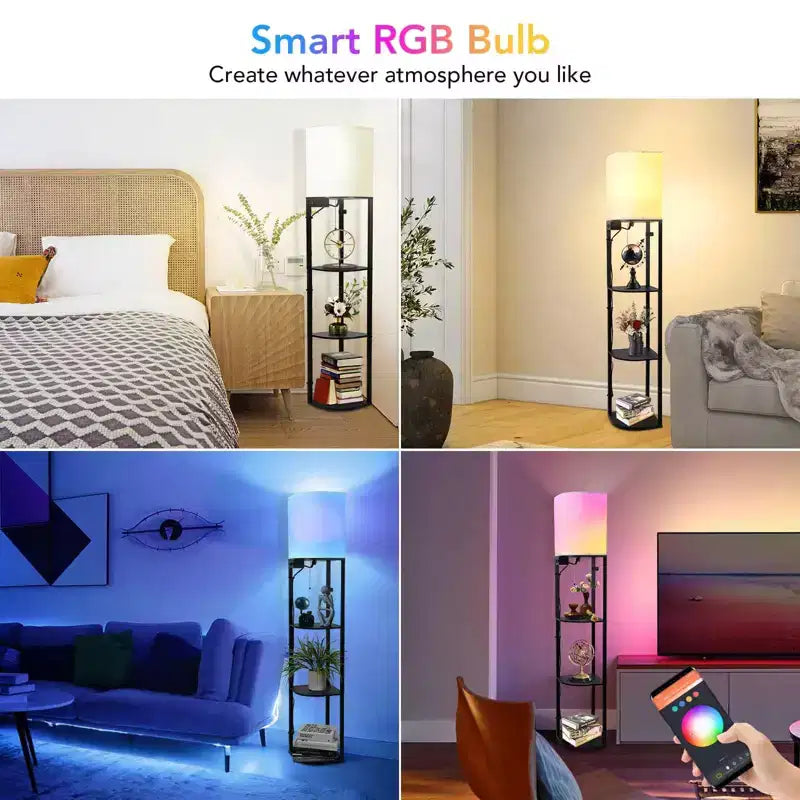 Lampadaire avec étagères, lampadaire étagère RVB intelligent avec 2 ports USB et 1 prise de courant, affichage pour chambre à coucher, salon et bureau - Noir classique