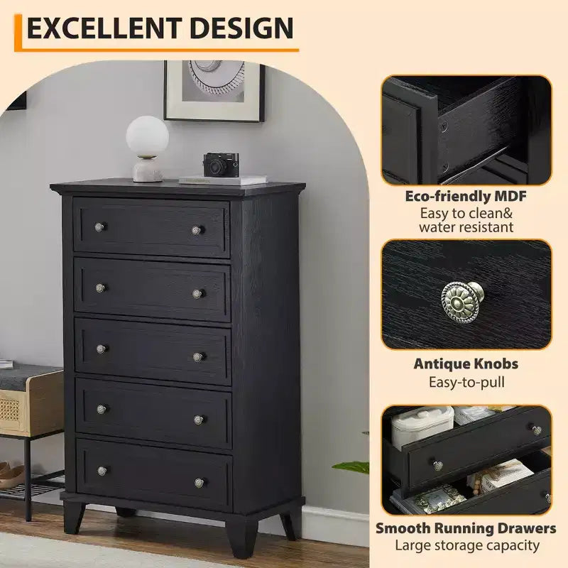 Commode à 5 tiroirs pour chambre à coucher, commodes et chiffonniers hauts de 122 cm avec rangement, grande commode de style ferme pour placard