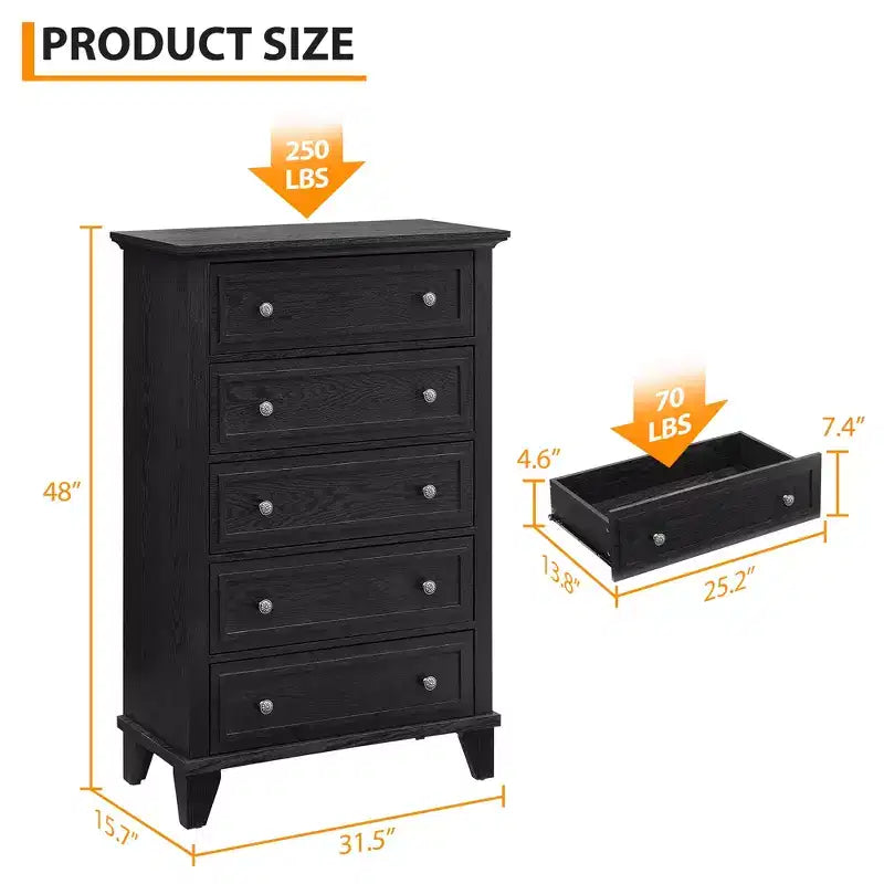 Commode à 5 tiroirs pour chambre à coucher, commodes et chiffonniers hauts de 122 cm avec rangement, grande commode de style ferme pour placard