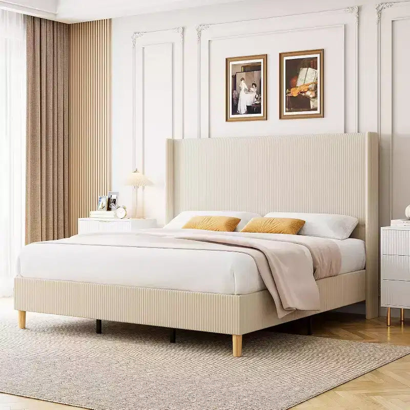 King Bed Frame, Upholstered Platform Corduroy Bed Frame with Vertical Channel Tufted Wingback Headboard, Strong Wooden Slats, Easy Assembly, Beige