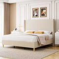 King Bed Frame, Upholstered Platform Corduroy Bed Frame with Vertical Channel Tufted Wingback Headboard, Strong Wooden Slats, Easy Assembly, Beige