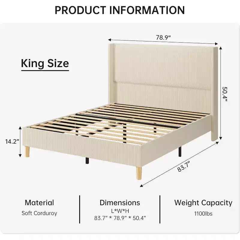 Cadre de lit King Size, cadre de lit plateforme capitonné en velours côtelé avec tête de lit à dossier ailé touffeté verticalement, lattes en bois solides, assemblage facile, beige