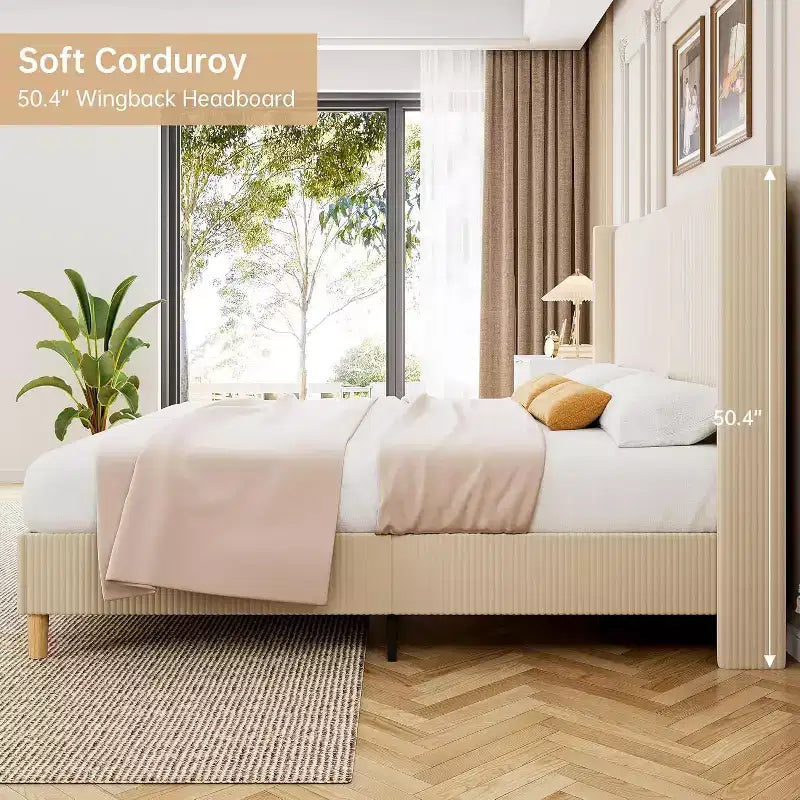 Cadre de lit King Size, cadre de lit plateforme capitonné en velours côtelé avec tête de lit à dossier ailé touffeté verticalement, lattes en bois solides, assemblage facile, beige