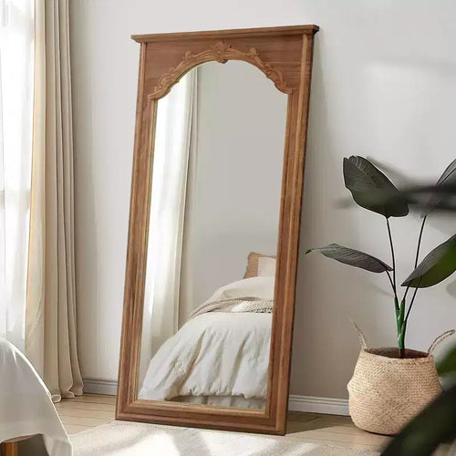 Miroir mural/à poser en chêne, style vintage, avec cadre en bois massif sculpté, 35 po (larg.) x 71 po (haut.)