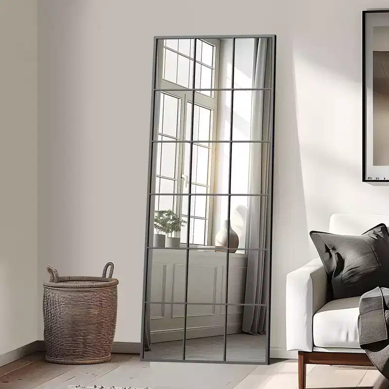 PexFix 30 in. W x 69 in. H Industrial Full Length Iron Frame Window Mirror in Black Freestanding