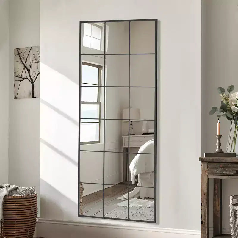 Miroir de fenêtre industriel autoportant, cadre en fer, noir, 30 po L x 69 po H
