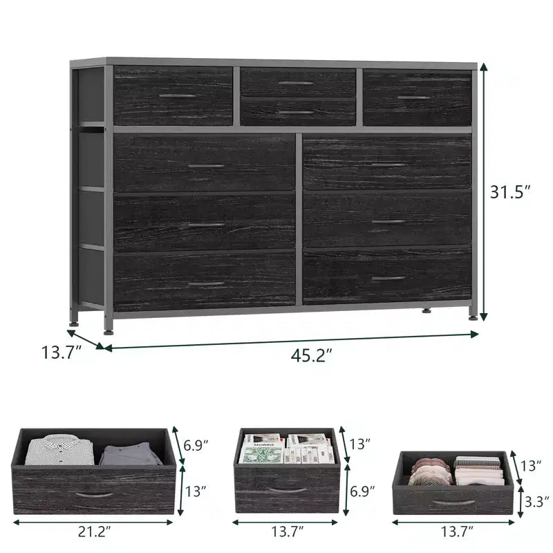 Commode à 10 tiroirs pour chambre, commode avec bacs en tissu, meuble TV pour téléviseurs jusqu'à 5 pouces, organisateur de rangement