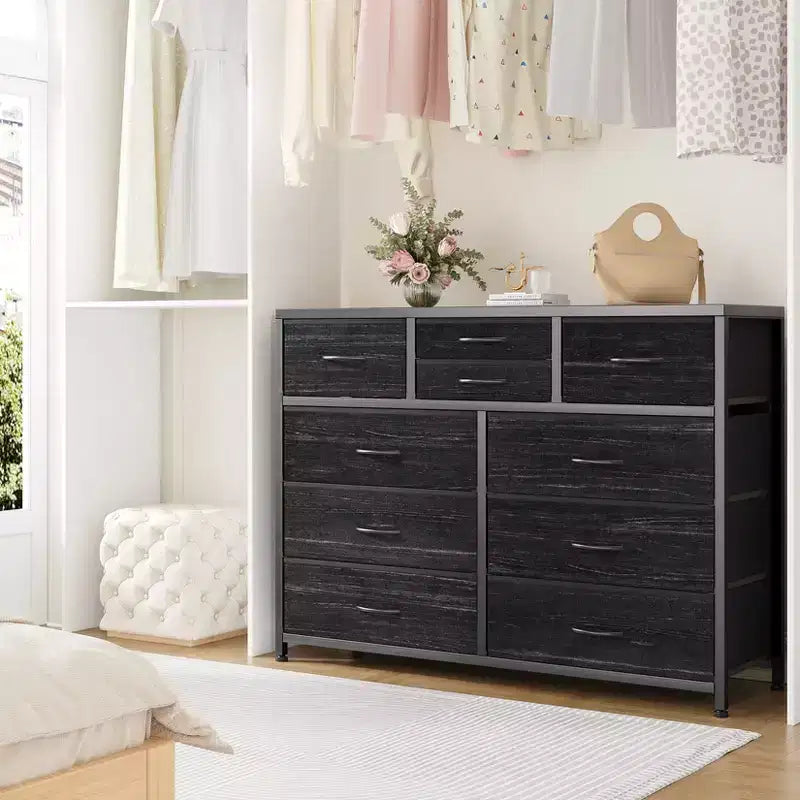 Commode à 10 tiroirs pour chambre, commode avec bacs en tissu, meuble TV pour téléviseurs jusqu'à 5 pouces, organisateur de rangement